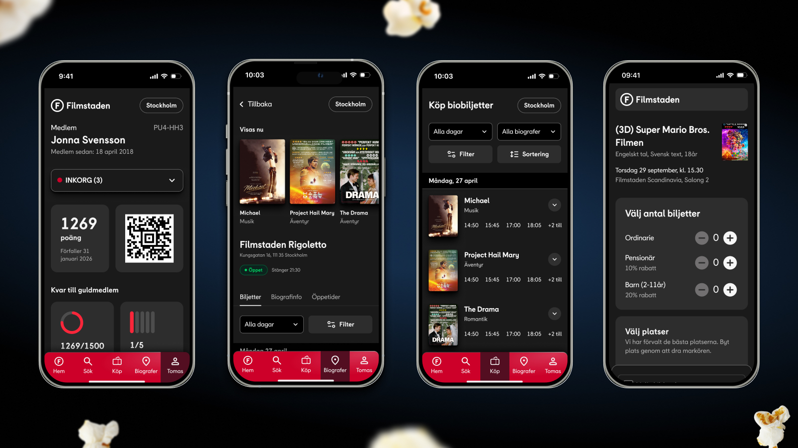 Filmstaden mobile booking and membership interfaces